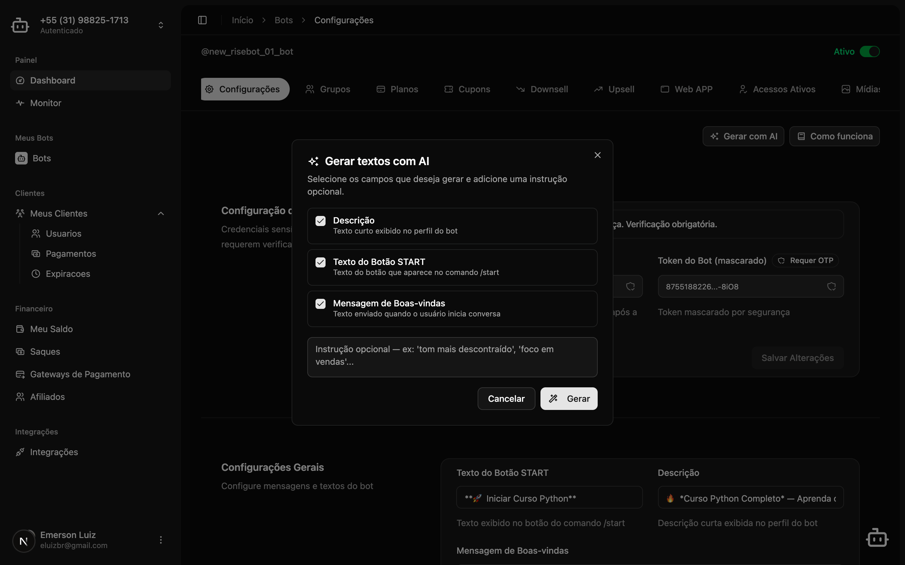 Dialog de geração de textos com AI mostrando campos selecionáveis e instrução opcional