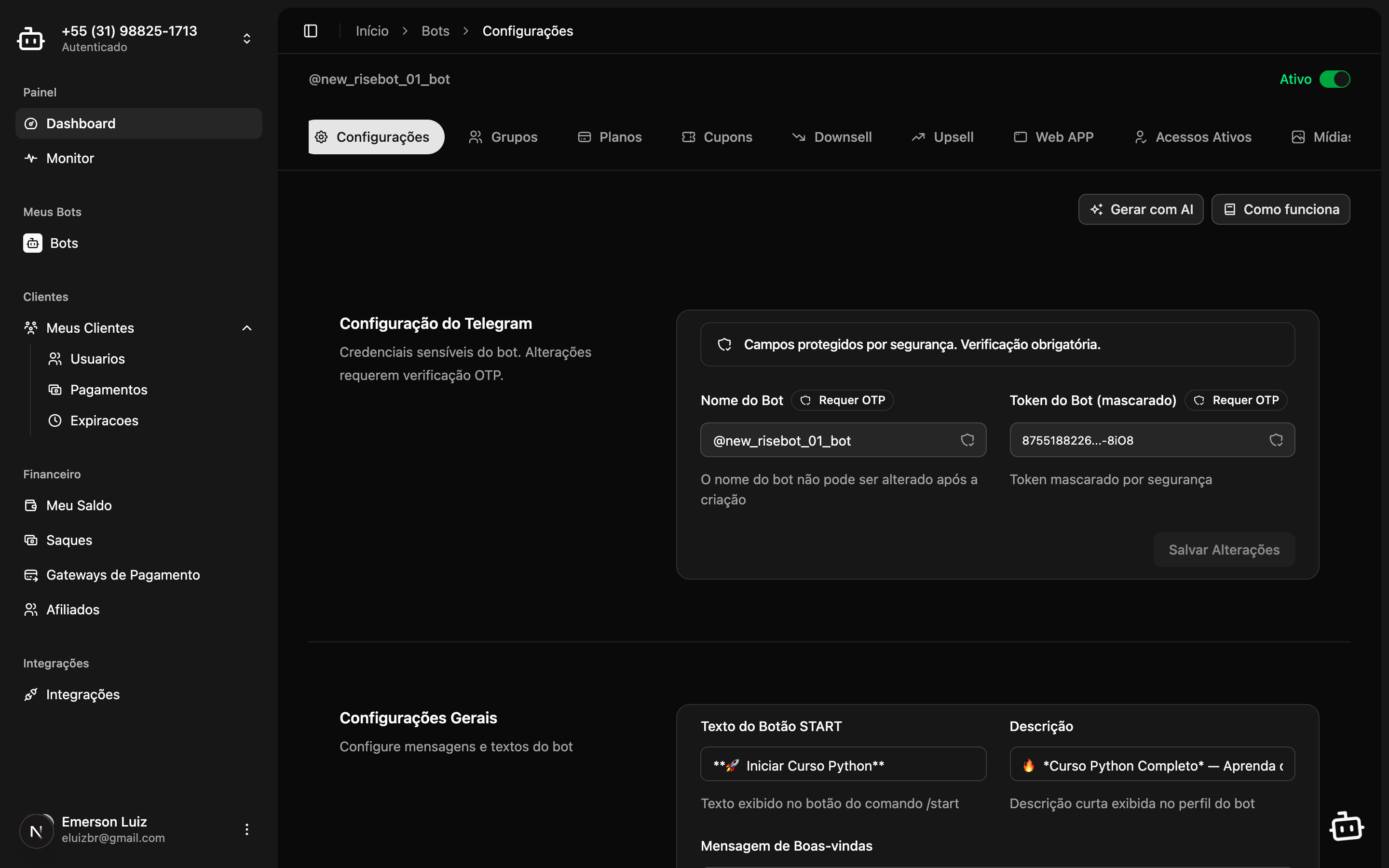 Seção de configurações gerais com mensagem de boas-vindas, mídia e comandos personalizados