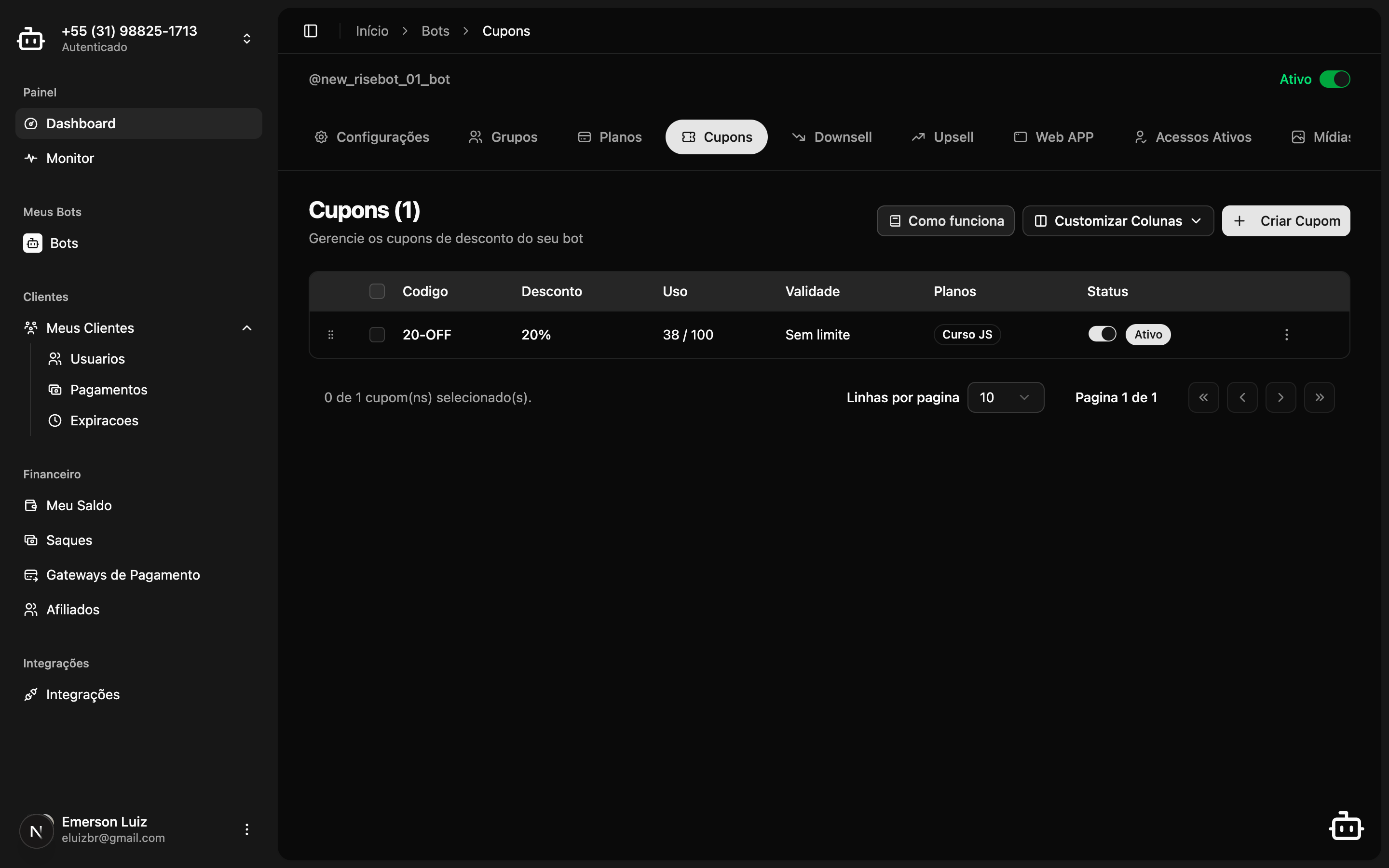 Página de cupons do bot com lista de cupons de desconto