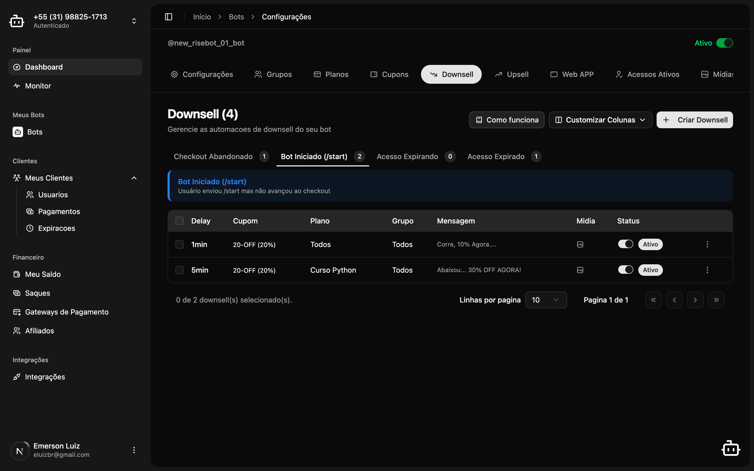 Aba Bot Iniciado com regras de downsell para /start