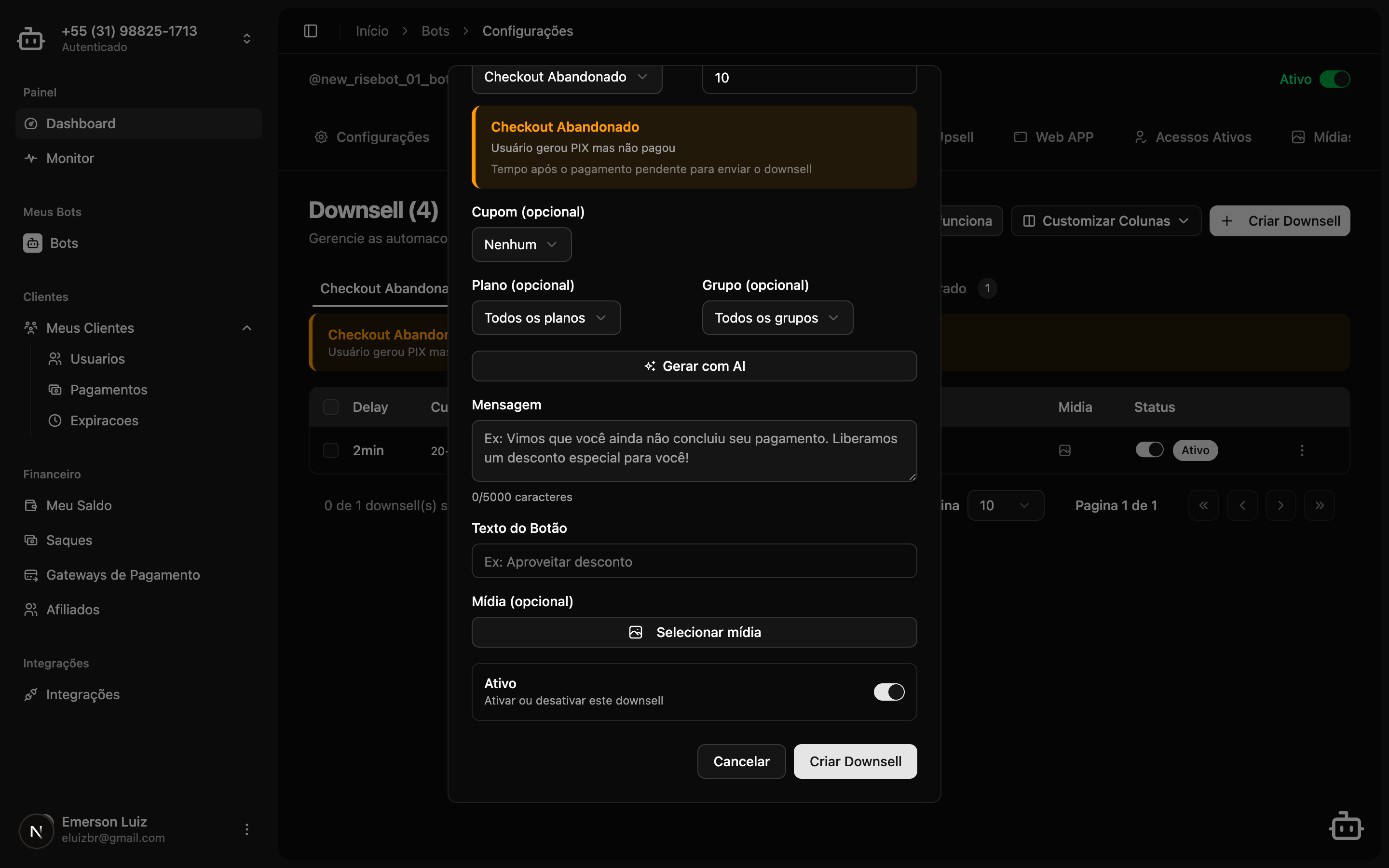 Dialog de criação de downsell com botão Gerar com AI visível