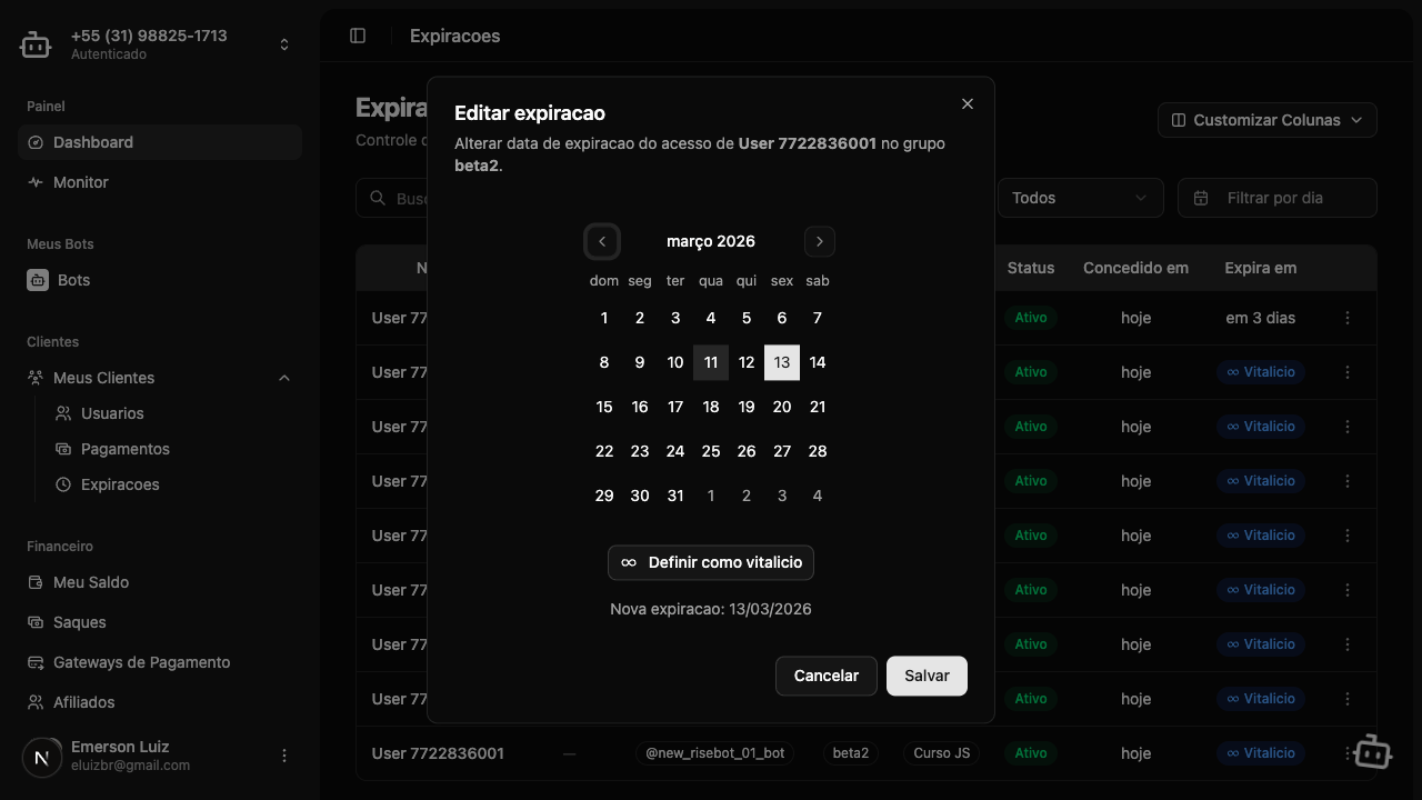 Dialog de editar expiração com calendário e opção de definir como vitalício