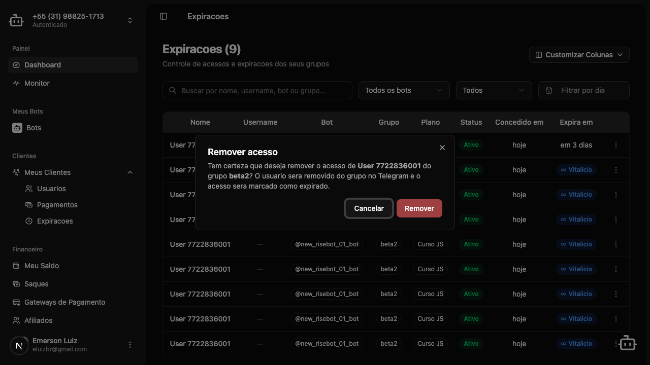 Dialog de confirmação para remover acesso de um membro