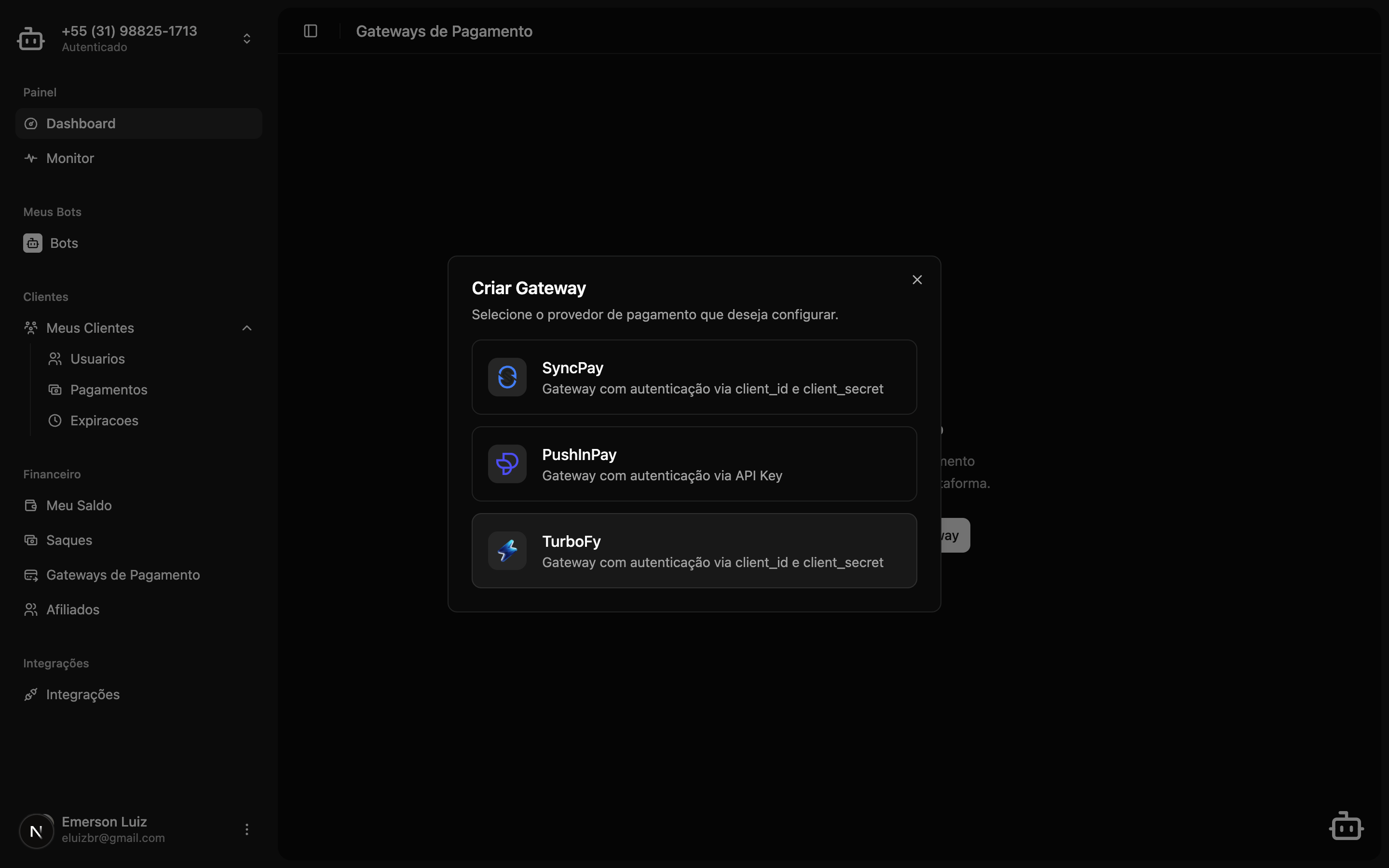 Dialog de criar gateway