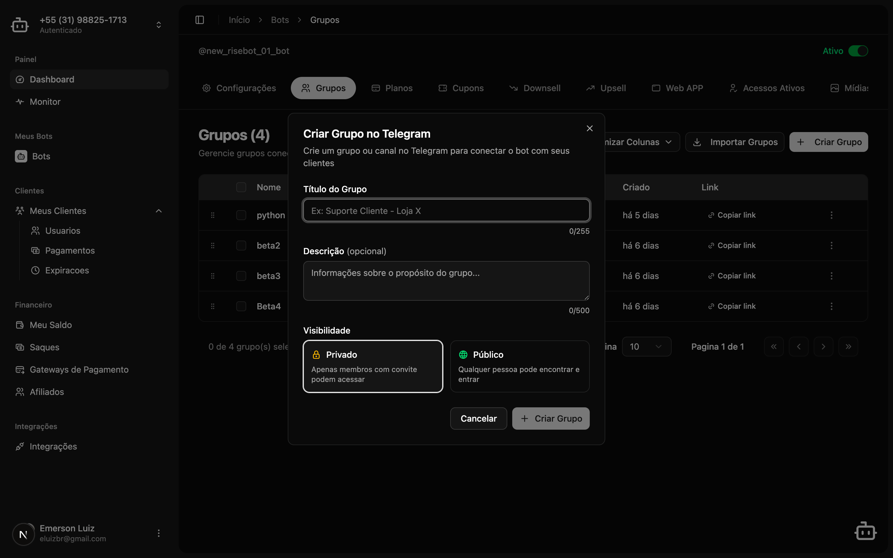 Dialog de criação de novo grupo no Telegram
