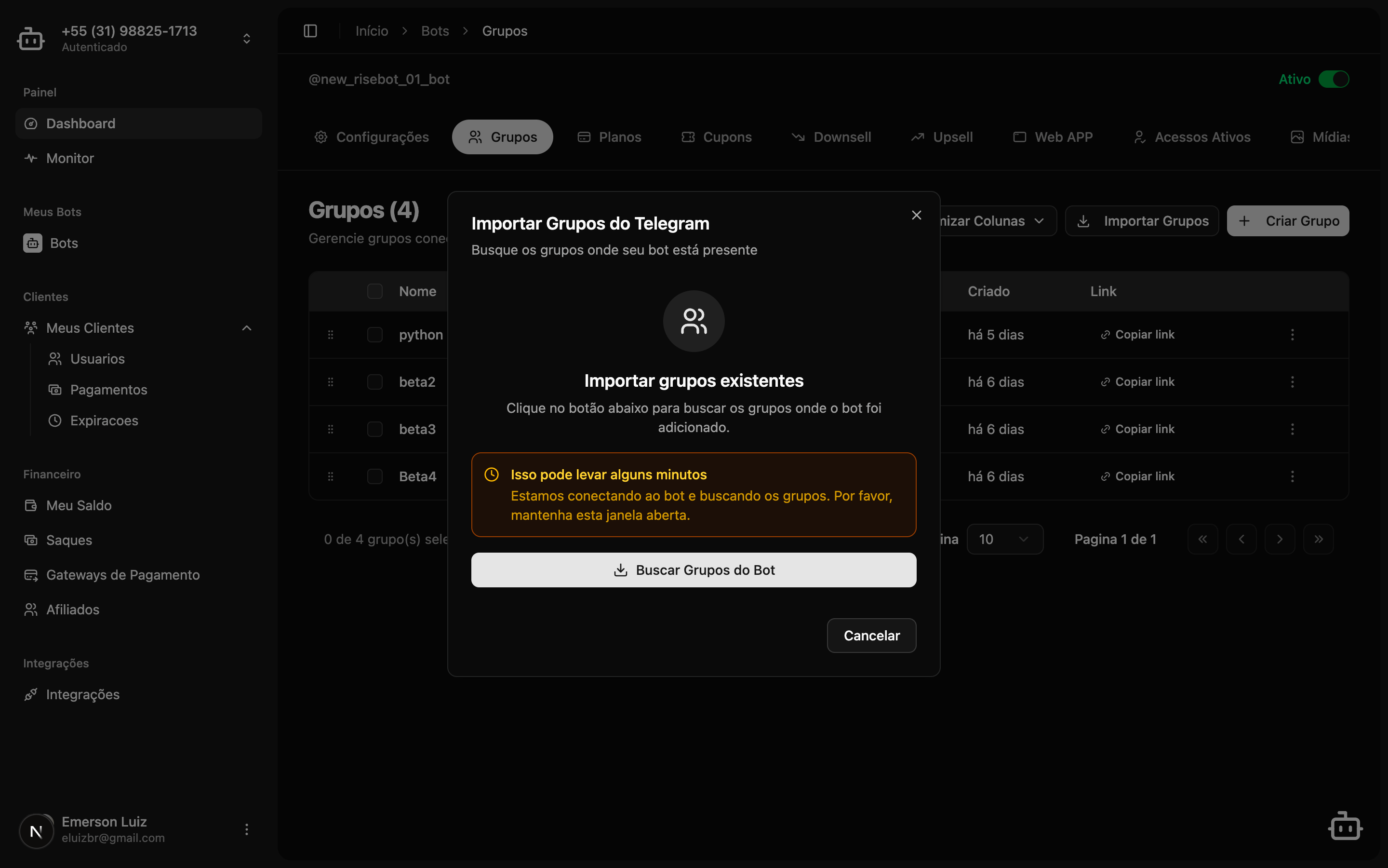 Dialog de importação de grupos do Telegram