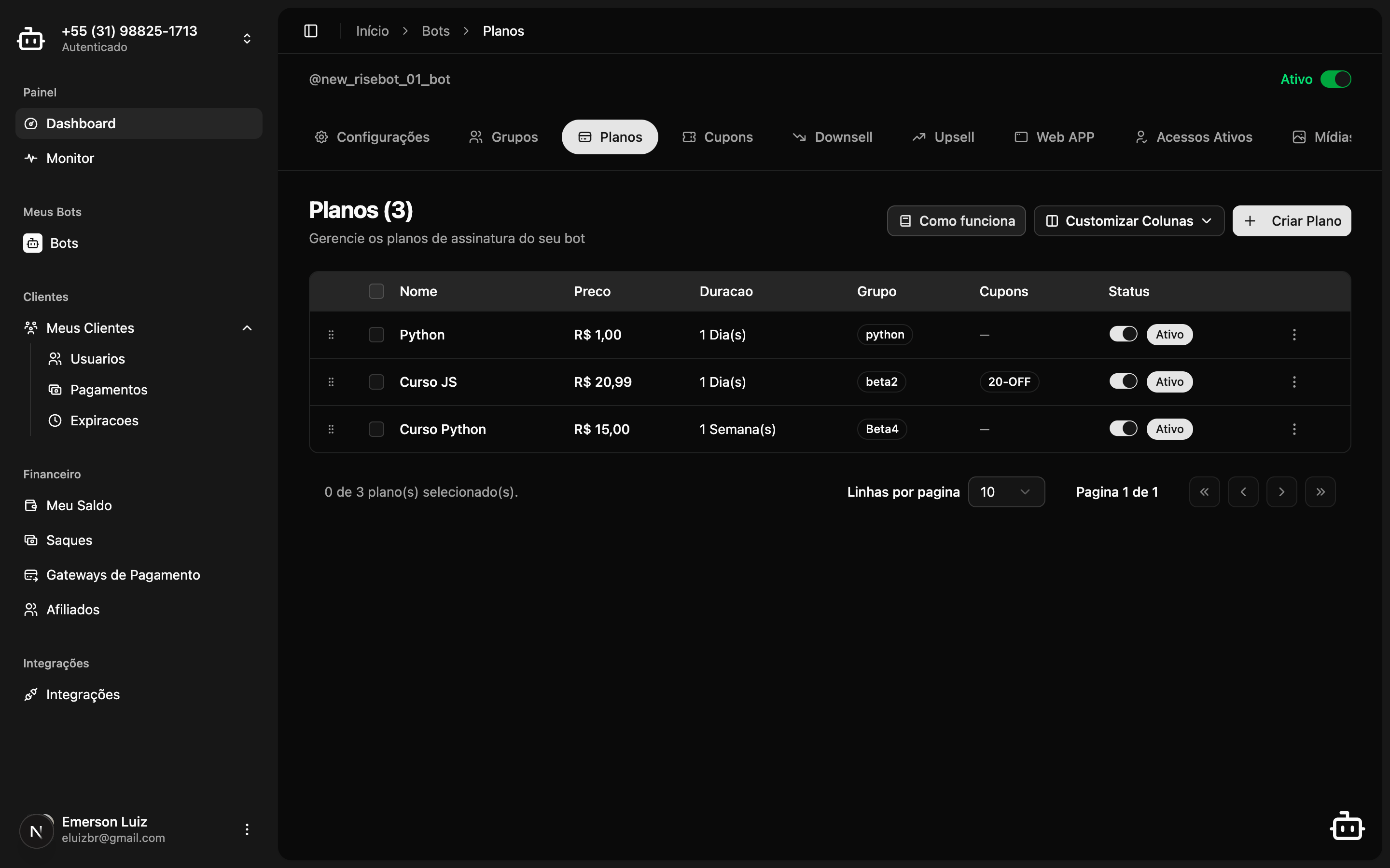 Página de planos do bot com tabela de planos configurados