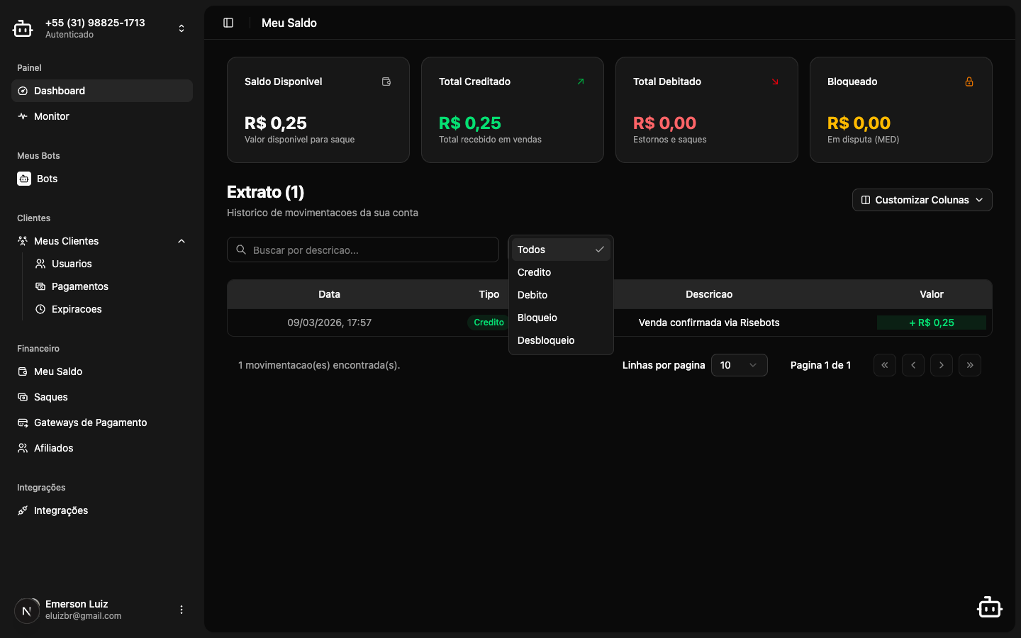 Dropdown de filtro por tipo aberto mostrando opções Todos, Crédito, Débito, Bloqueio e Desbloqueio