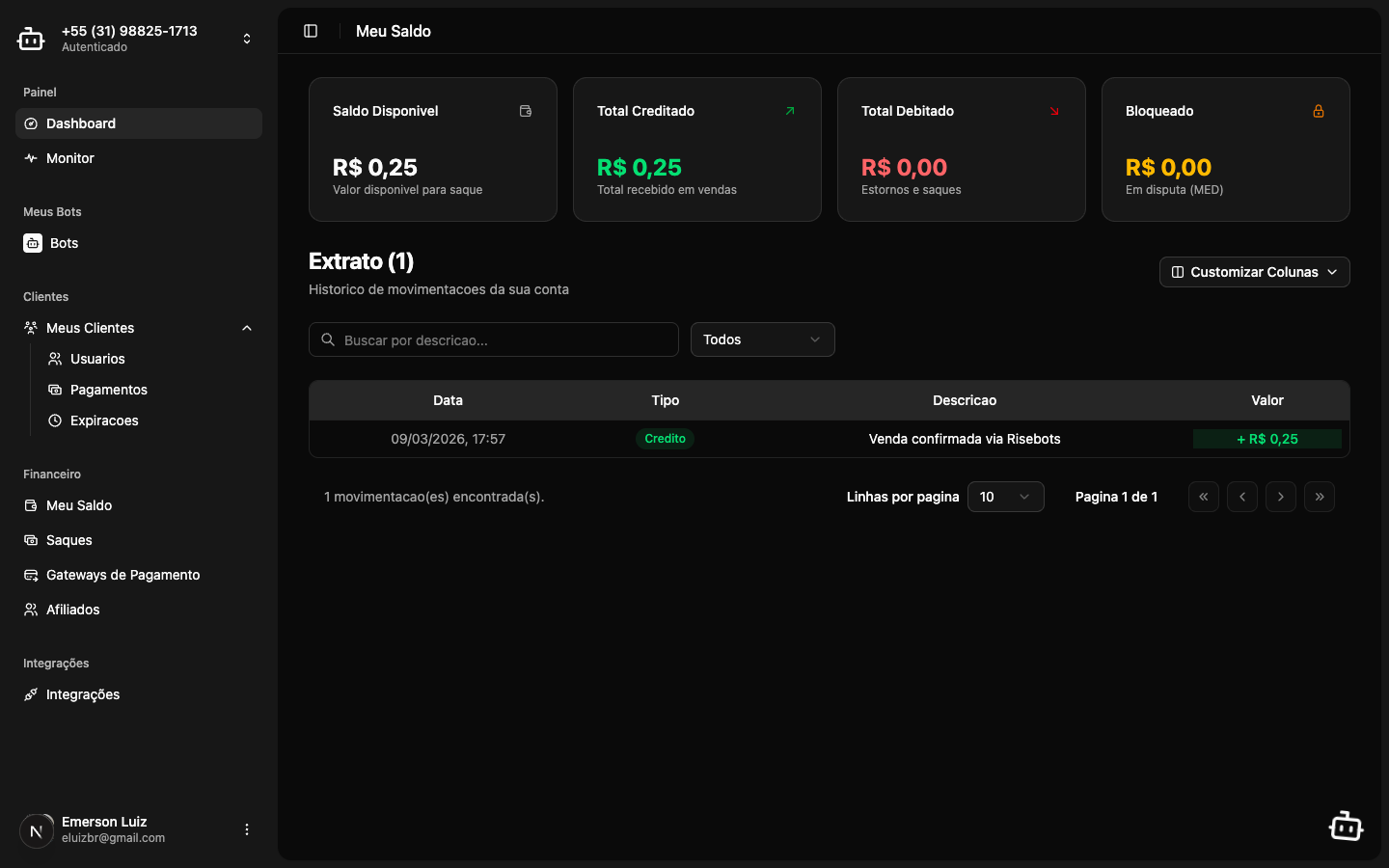 Página Meu Saldo mostrando 4 cards de resumo e tabela de extrato
