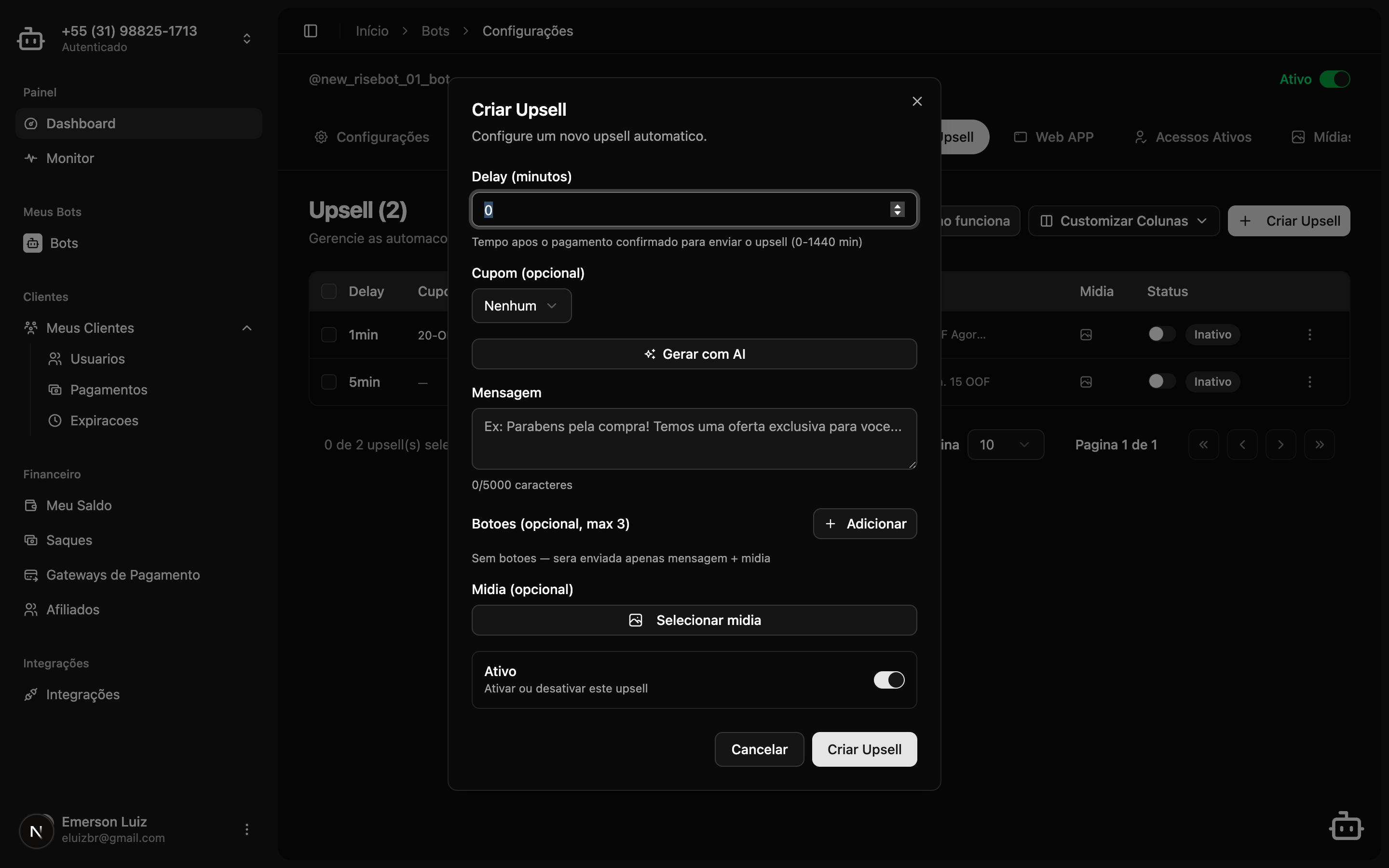Dialog de criação de oferta de upsell
