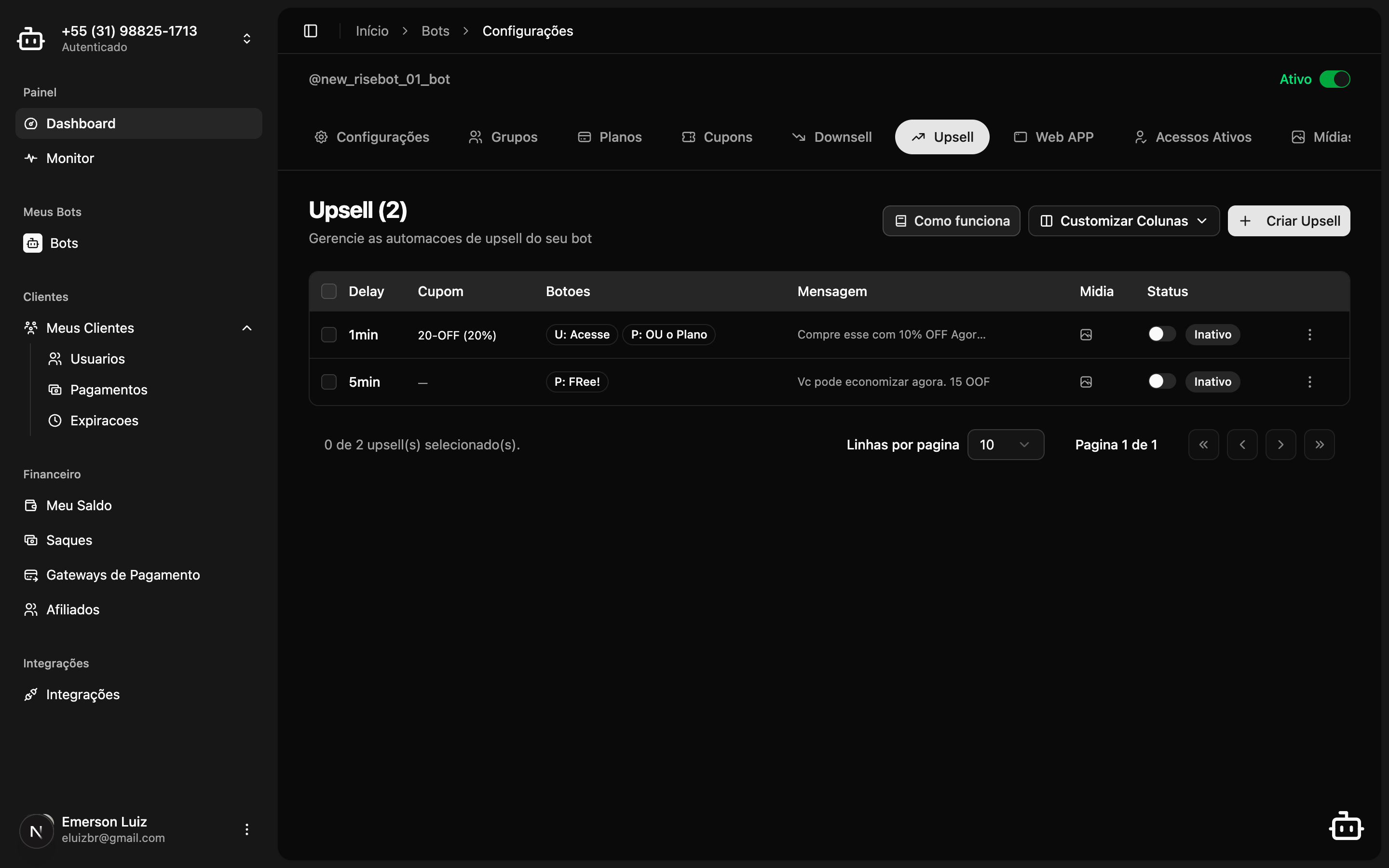 Página de upsell com lista de ofertas configuradas