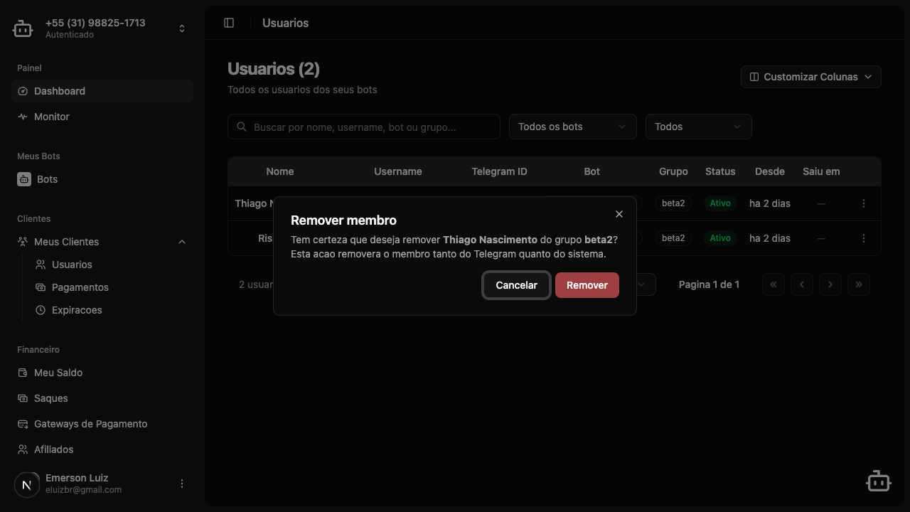 Dialog de confirmação para remover membro do grupo
