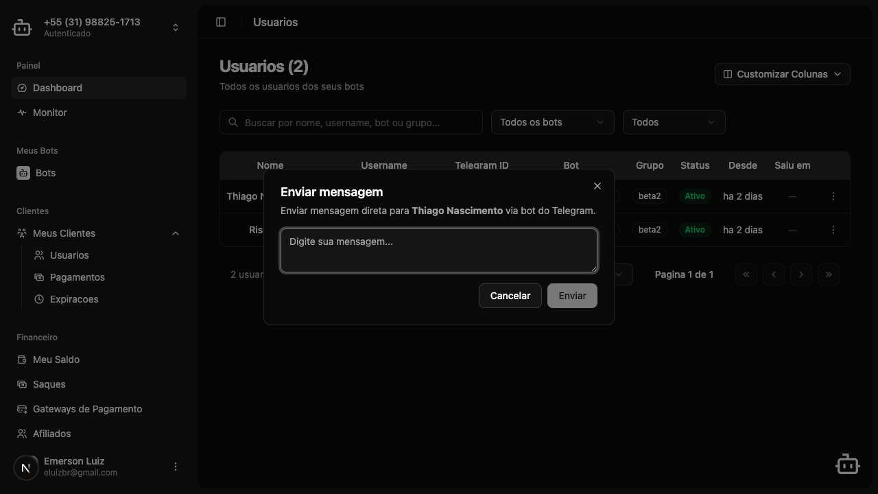Dialog de enviar mensagem direta para um membro via bot do Telegram