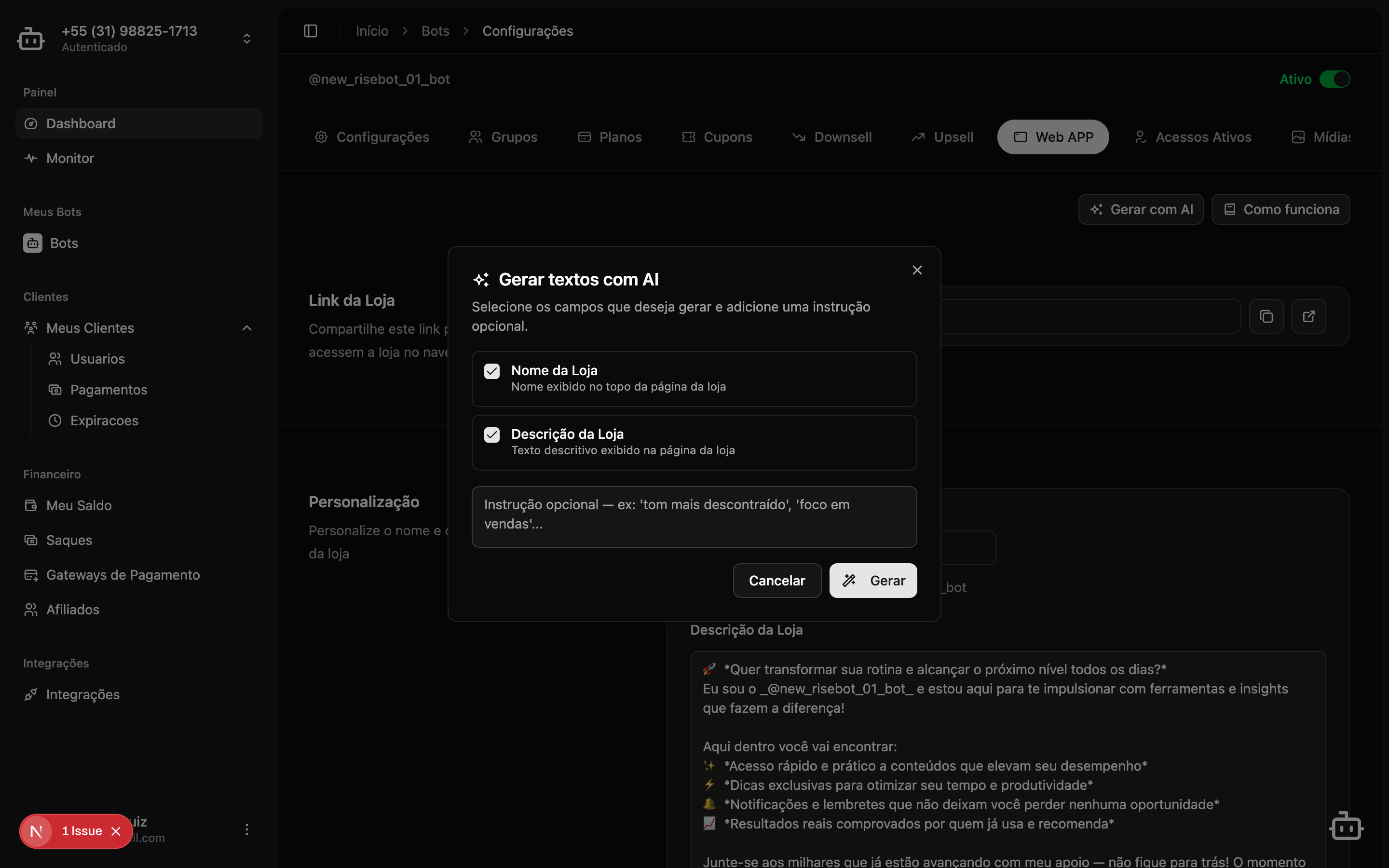 Dialog de geração de textos com AI para o WebApp