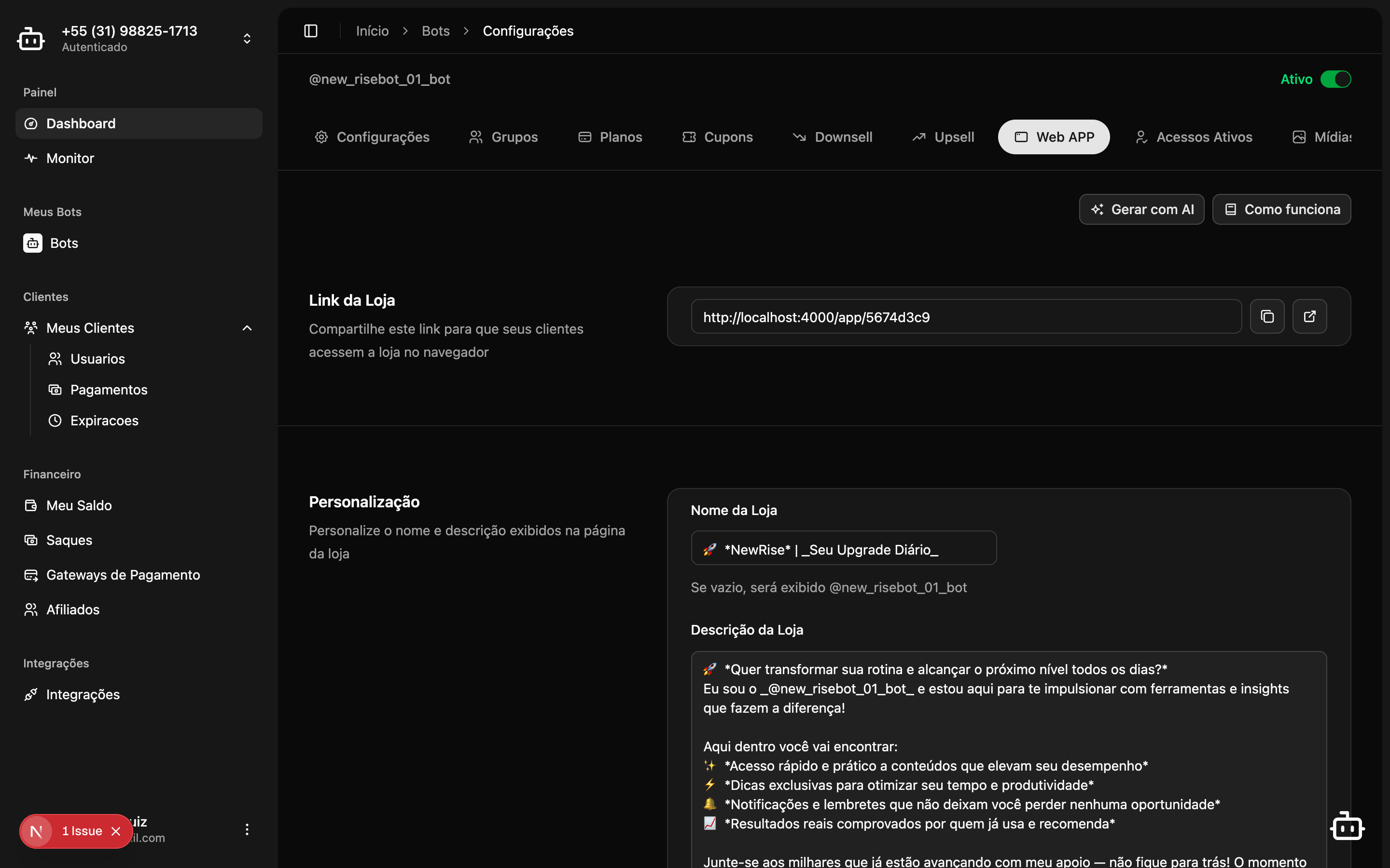 Página de configurações do WebApp com campos de personalização